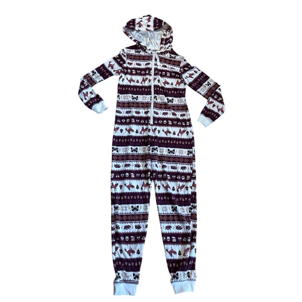 Cabin Fever Pajamas Hooded One Piece Woodland Animals Med Zipper Cozy